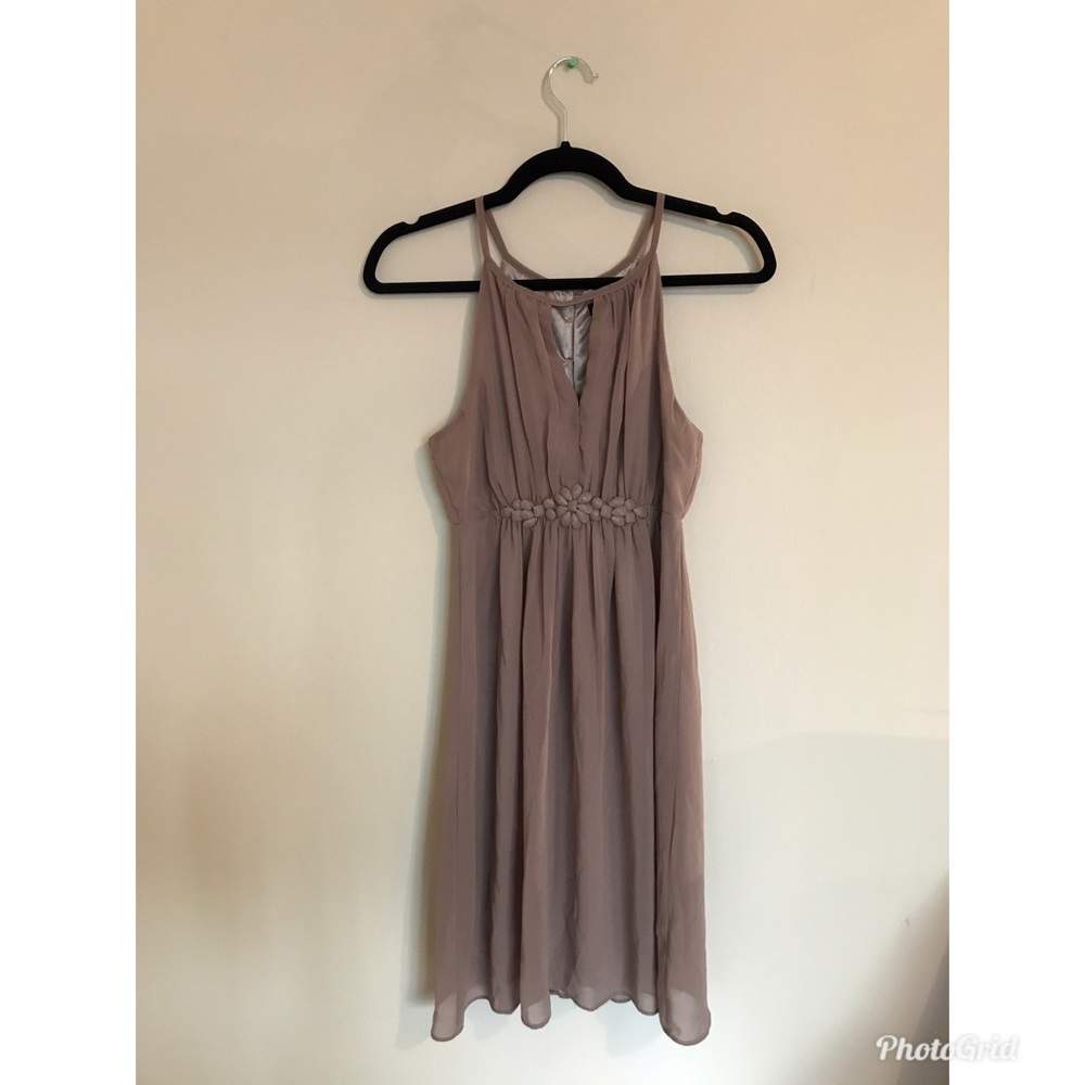 Beige Floral Belt Halter Dress